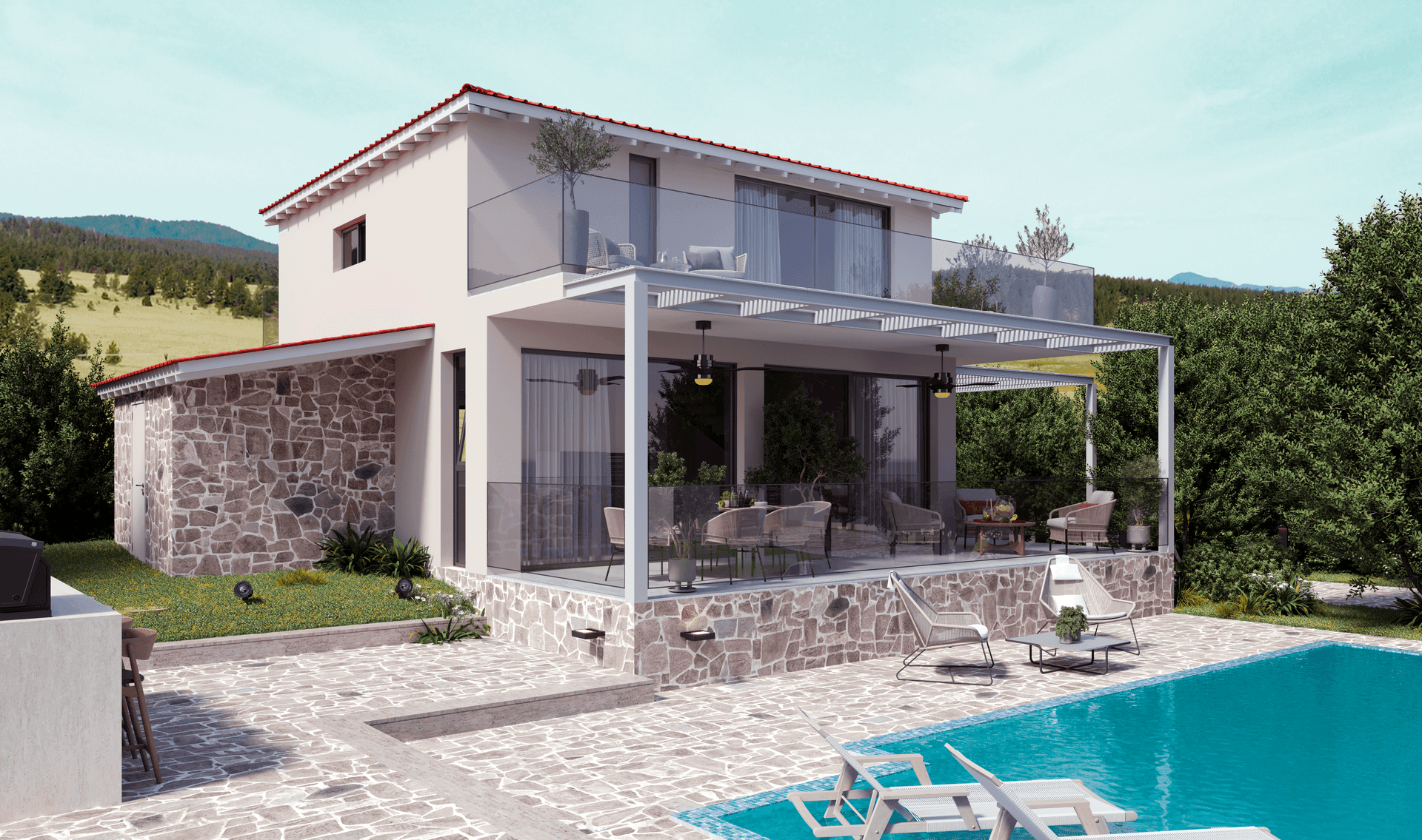 Modern house with stone exterior, spacious patio, and swimming pool surrounded by greenery and scenic landscape.